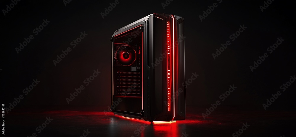 Poster a sleek gaming computer tower illuminated with red led lights.