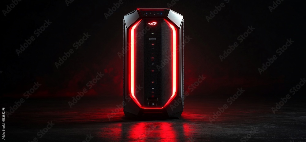 Aufkleber a sleek gaming computer tower with red led lighting in a dark setting.
