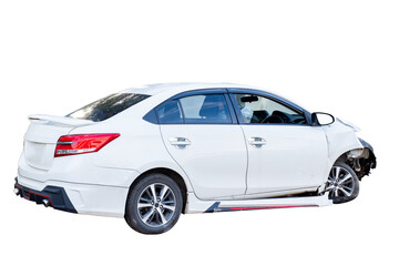 Car crash, Full body back and side view of white car get damaged by accident on the road. damaged cars after collision. Isolated on transparent background, PNG File