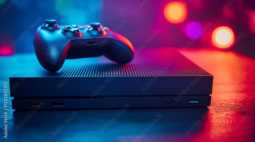 Poster Gaming console and controller on table with colorful bokeh background.
