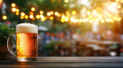 A frosty beer mug rests on a wooden table with a blurred background of warm lights and greenery, ideal for promoting bars, restaurants, or beer festivals, Great for social or outdoor event themes,