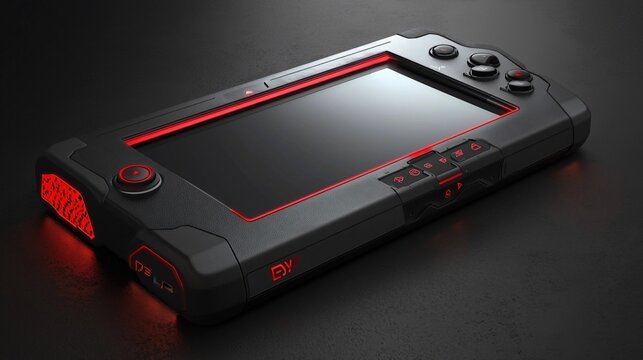 Futuristic handheld gaming console with red accents.