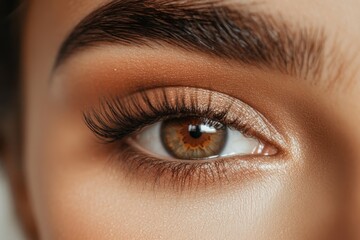 Fototapeta premium Close-up of a woman's eye with beautifully defined eyebrows, long lashes, and subtle, shimmering eyeshadow.