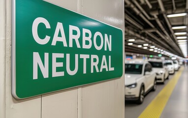 A green sign reads "CARBON NEUTRAL" in a parking area, indicating eco-friendly practices, with white vehicles lined up in the background.