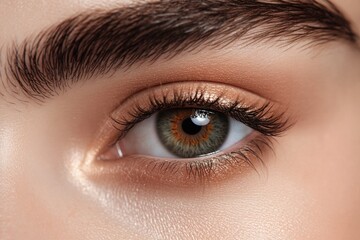 Fototapeta premium Close-up of a beautifully made-up eye with hazel iris, defined brows, and natural-looking lashes.