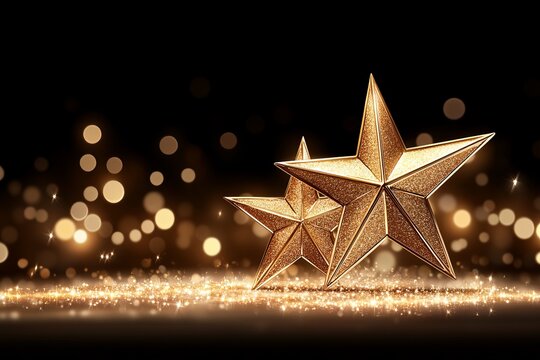  Dos estrellas doradas con luces brillantes y destellos sobre un fondo oscuro, creando un efecto festivo y elegante.
