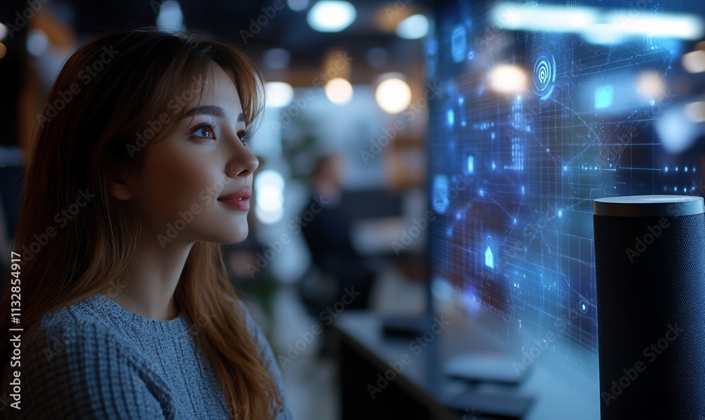 Poster a woman interacts with digital data on a screen in a modern workspace.