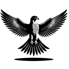 Obraz premium Black and white illustration of a falcon with wings spread.