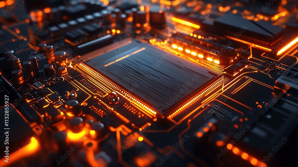 Poster close-up of a circuit board with glowing orange elements, showcasing technology.
