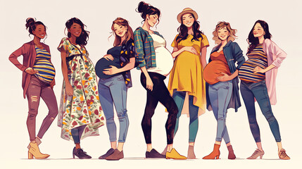 Fototapeta premium Group of diverse expecting women posing together with joy and companionship