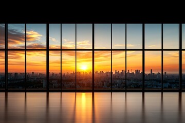 Fototapeta premium Un atardecer brillante visto a través de ventanas panorámicas, reflejando la ciudad en un suelo brillante.
