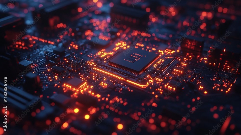 Poster close-up of a glowing circuit board with intricate electronic components.