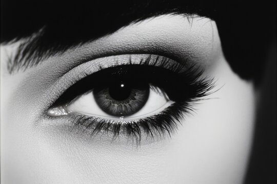 A captivating close-up of a woman's eye, elegantly made up in monochrome.