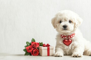 Valentine&rsquo;s Day Gift Concept with Dog and Roses. Fluffy puppy with a heart collar beside roses and a gift box