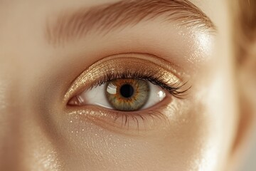Obraz premium Close-up of a woman's eye with shimmering gold eyeshadow, highlighting its beauty and makeup.