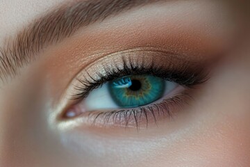 Obraz premium Close-up of a woman's eye with teal iris, showcasing subtle, elegant makeup.