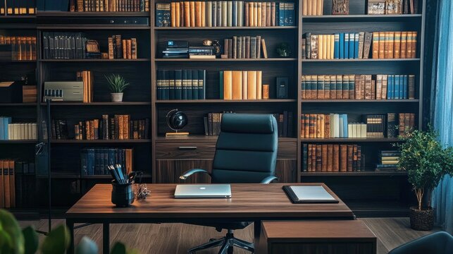A sleek office room virtual background featuring an elegant bookcase.
