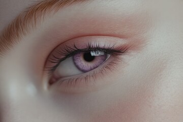 Obraz premium Close-up of a woman's eye with pale skin and lilac colored contacts, showcasing delicate makeup and long lashes.