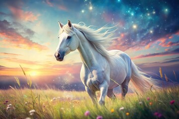 Obraz premium A dreamlike Bai horse grazes in a magical, whimsical meadow, a surreal equestrian fantasy.