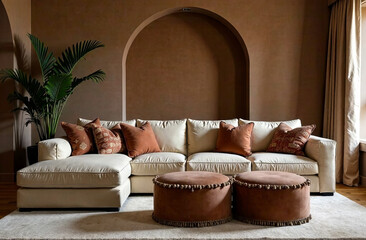 The interior of the bedroom, the decor are made in the color scheme of 2025 mousse moka