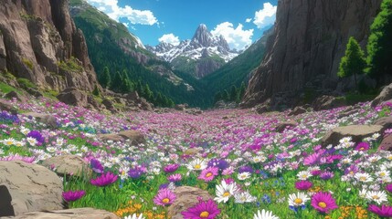 Fototapeta premium Green fields dotted with wildflowers under a bright anime-style sky with perfectly crafted white clouds