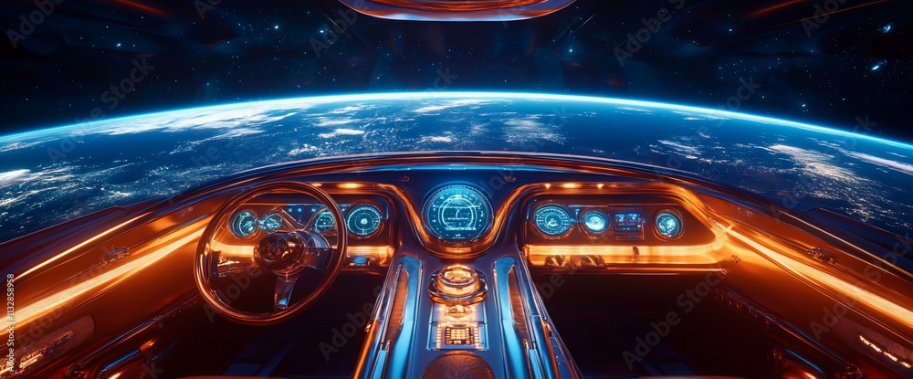 Poster futuristic cockpit view of a spacecraft overlooking earth from space.