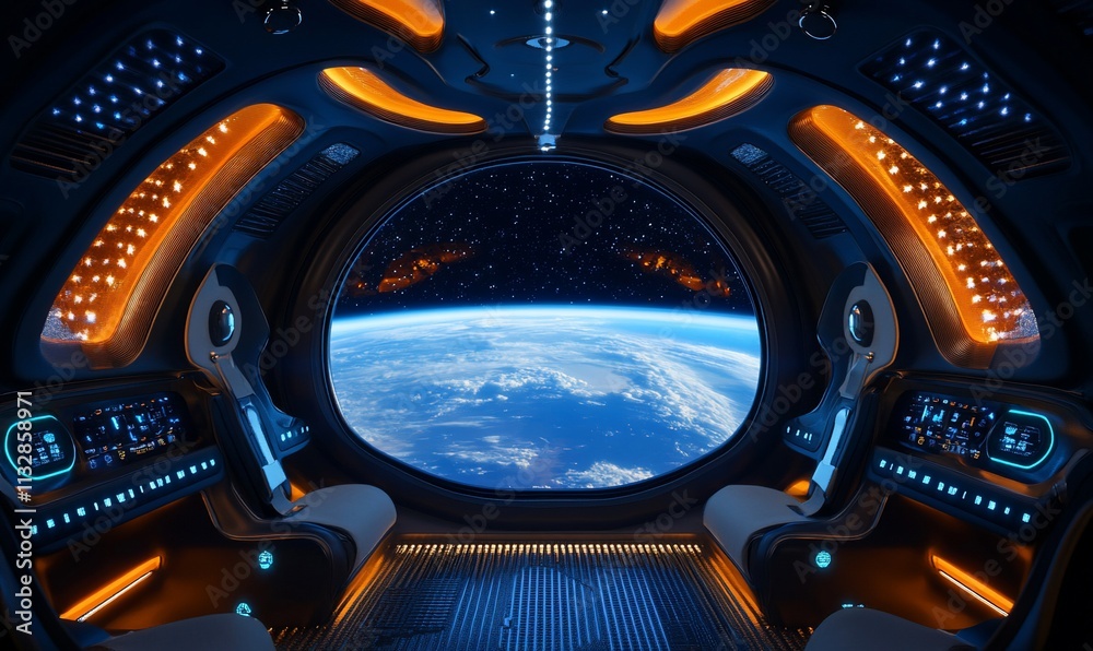 Poster futuristic spacecraft interior with a view of earth from a large window.