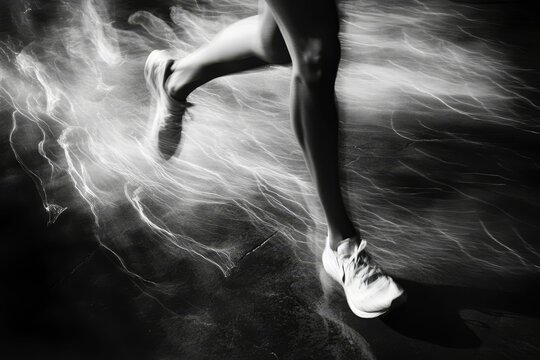 Blurred monochrome image; running legs; motion streaks.