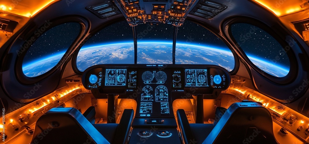 Poster futuristic spacecraft cockpit with earth visible from the windows.