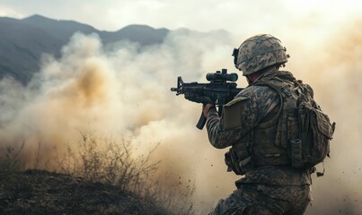 Fototapeta premium Camouflaged soldier firing rifle amidst dust and mountains.