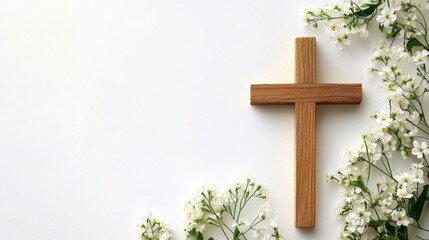 Elegant funeral invitation template featuring a wooden Christian cross and flowers. 