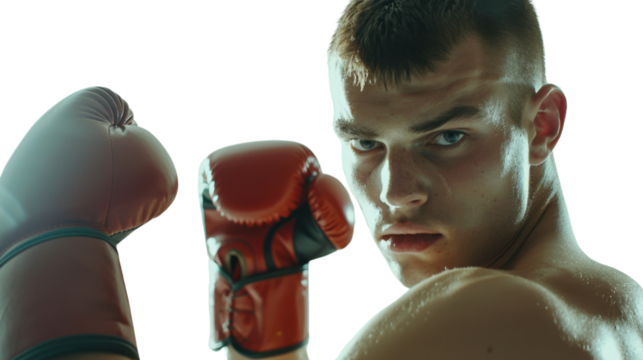 Professional caucasian american young male boxer in gloves exercises punches on white background