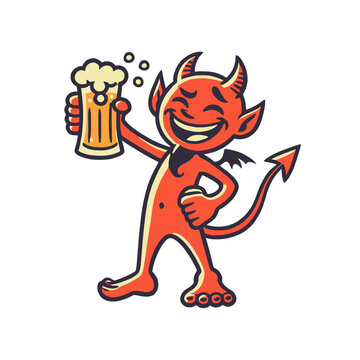 Cheerful devil with horns and a tail, holding a beer glass in a playful cartoon style. High-quality isolated vector illustration ideal for party themes, bar branding, and humorous designs.
