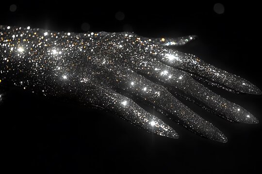 A hand covered in silver glitter against a black background