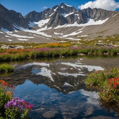 A secluded mountain lake with snow-capped peaks reflected in the water, and colorful wildflowers blooming along the shore.
