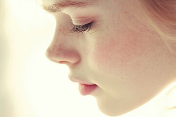 Obraz premium Close-up profile of a girl with freckles, soft light illuminating her face.