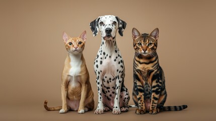 Fototapeta premium A studio shot featuring a Dalmatian, a fluffy Samoyed, a hairless Sphynx cat, and a Bengal cat sitting side by side on a neutral, gradient background.