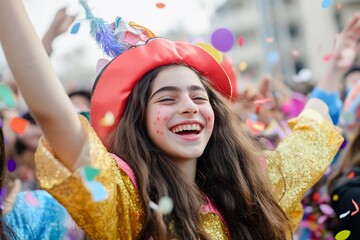Fototapeta premium A joyful girl in a colorful costume celebrates at a festive event.