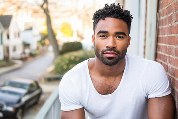 Fototapeta premium Young multiracial man relaxing on balcony with brick wall and street view in residential area
