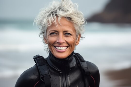 Portrait of happy senior woman in wetsuit with surfboard at beach