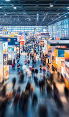 Exhibition blur background of convention hall event for business of tech expo, trade fair, passenger terminal or museum gallery lobby with blurry interior large corridor hallway white room empty space