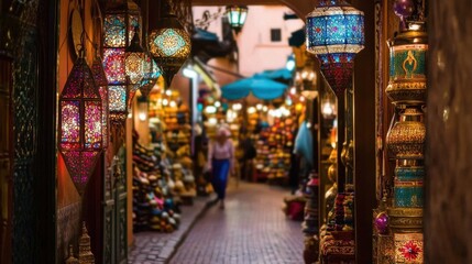 Fototapeta premium Experience the Magic of Colorful Lanterns in Marrakech's Markets