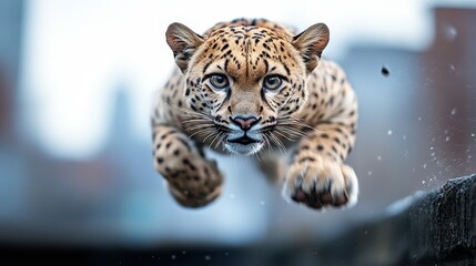 Fototapeta premium A striking image of a leaping jaguar against an urban backdrop, capturing the blend of nature's power with the human-made environment, symbolizing beauty and adaptability.