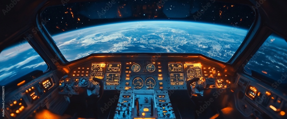 Aufkleber view from a spacecraft cockpit overlooking earth in space.