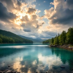 Naklejka premium Serene mountain lake & dramatic cloudy sky