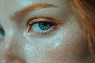 Fototapeta premium Close-up of a girl's eye with freckles, showcasing captivating green eyes and subtle makeup.