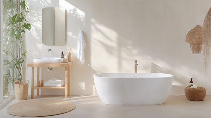 A contemporary cozy bathroom designed in white and beige tones