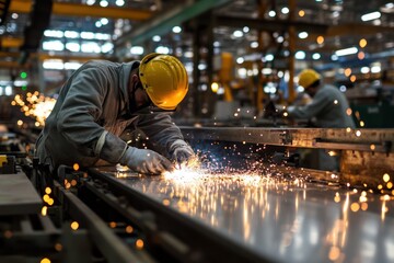Obraz premium Industrial Worker Welding Metal with Sparks Flying