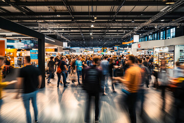 Exhibition blur background of convention hall event for business of tech expo, trade fair, passenger terminal or museum gallery lobby with blurry interior large corridor hallway white room empty space