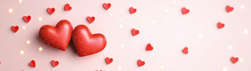 Fototapeta premium Two red hearts surrounded by smaller heart shapes on soft background create romantic atmosphere. Perfect for love themed designs